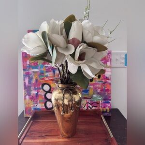 Vintage brass vase filled with realistic artificial magnolia flowers & greenery